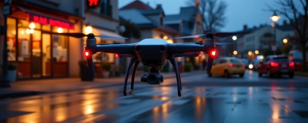 Fototapeta premium Drone Flying Over a Wet City Street at Night