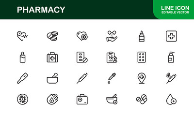 Vector Pharmacy Icon Set Featuring Medical Symbols, Pills, Prescriptions, and Healthcare Elements