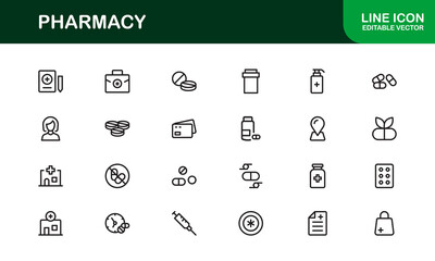 Vector Pharmacy Icon Set Featuring Medical Symbols, Pills, Prescriptions, and Healthcare Elements