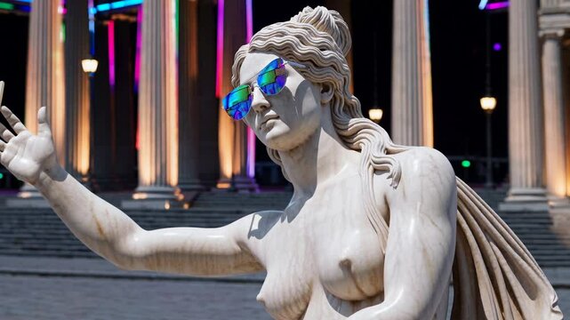 Classical marble statue wearing futuristic reflective sunglasses posed against illuminated neoclassical columns with neon lights, merging ancient art with modern nightlife and digital aesthetics