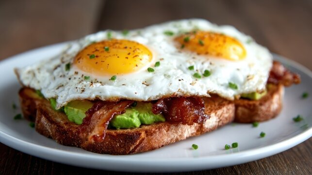 A beautifully plated avocado toast topped with crispy bacon and fried eggs, showcasing a perfect breakfast with vibrant colors and textures that tantalize the senses.