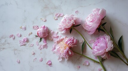 Delicate Pink Peonies With Scattered Petals on White Marble Surface