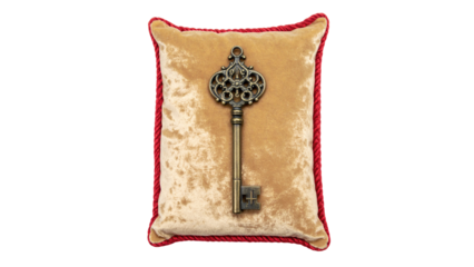 A brown velvet pillow with an antique key on top.