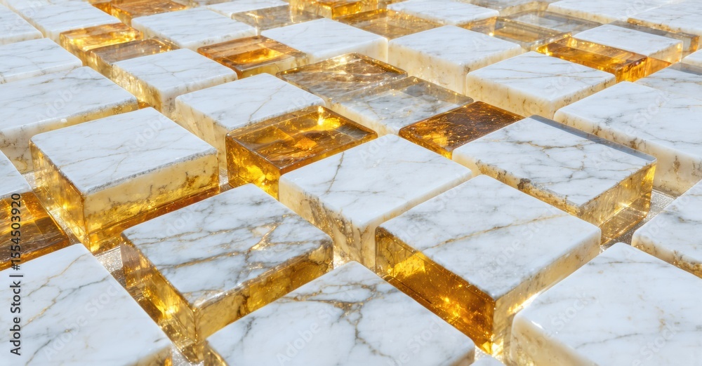 Aufkleber Mosaic pattern features square tiles. White marble contrasts with golden translucent blocks. Light creates depth, texture.