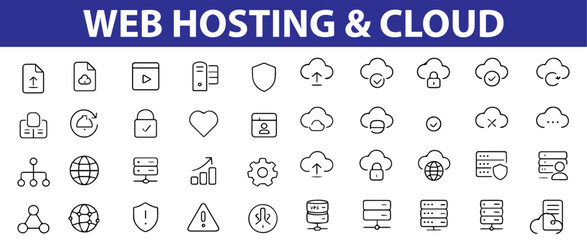 Web Hosting and Cloud Computing Line Icons – Server, Cloud Sync, , API, Secure Hosting, Database, and More,  Editable Formats: AI, EPS, JPG, PNG,  Ideal for Both Digital and print