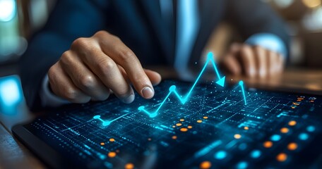 Businessman's Hand Touching Glowing Stock Chart on Tablet, Finan
