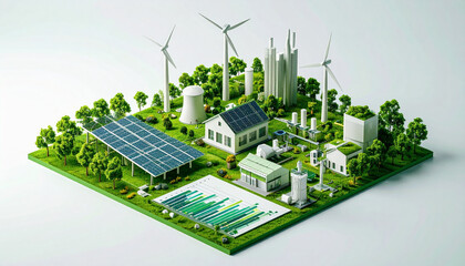3D Sustainable finance projection model with green asset categories, profit forecasts, and climate impact charts.