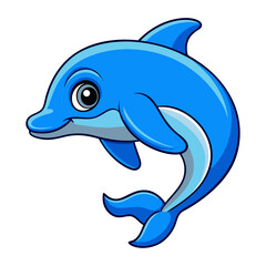 Cute cartoon blue dolphin jumping and smiling with a playful expression isolated on white background
