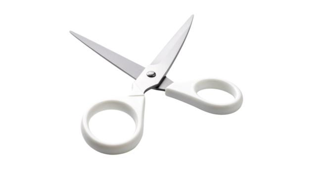 Sharp, silver metal scissors with black handles, an essential office cutting tool, isolated on a white background