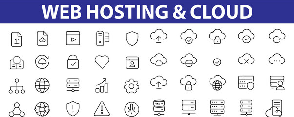 Web Hosting and Cloud Computing Line Icons – Server, Cloud Sync, , API, Secure Hosting, Database, and More,  Editable Formats: AI, EPS, JPG, PNG,  Ideal for Both Digital and print