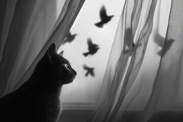A black cat gazes out a curtain as birds fly by, creating a serene, dreamy atmosphere.