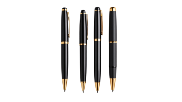 A versatile collection of black and silver writing tools, including ballpoint pens, pencils, and brushes, for office, school, and business design