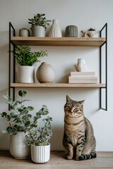 A cozy home setting featuring a cat and decorative plants on a stylish shelf.