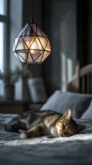 A cozy scene with a sleeping cat illuminated by a stylish pendant light.