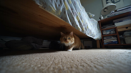 A curious orange cat exploring beneath a bed in a cozy home environment.