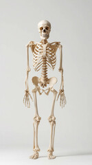 A detailed human skeleton model on a neutral background for educational purposes.