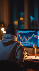 A focused individual analyzing stock trends on a computer screen at night.
