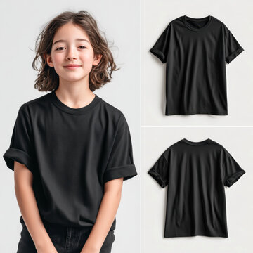 Collage of standing young girl model in black tshirt mockup and lying tee, front and rear side mockup. Kids flat lay t-shirt front and back view. Youths blank short sleeve crewneck tee template