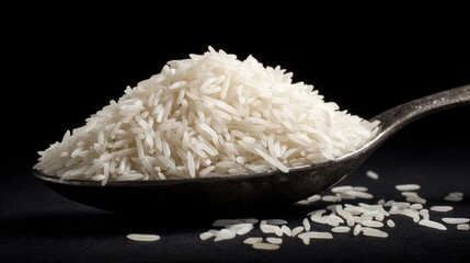 Rice grains piled on a spoon against a dark background.