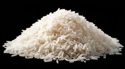 A pile of uncooked white rice grains is isolated on a black background.