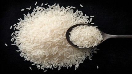 Pile of uncooked white rice with a wooden spoon on a dark surface.