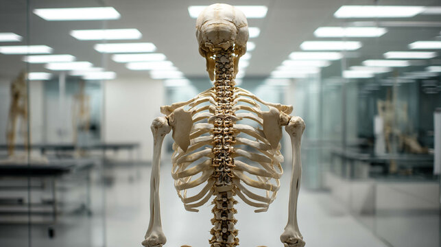 Detailed view of a human skeleton model in a modern laboratory environment.