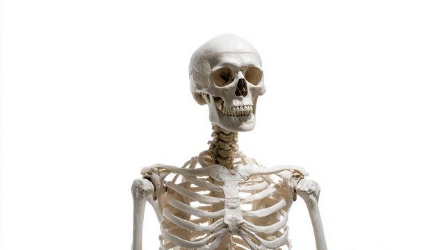 Detailed human skeleton model displaying anatomy for educational purposes.