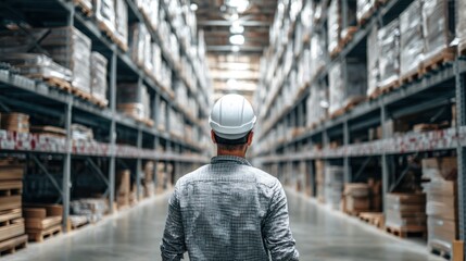 Man in hard hat walks through a warehouse aisle with stacked boxes.