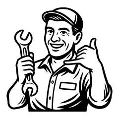 Man Holding Wrench and Making a Call Gesture Black and White Outline Line Art Drawing