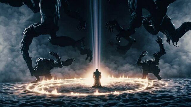 Man kneeling in powerful prayer surrounded by darkness, spiritual battle driving away evil forces, divine protection concept of faith overcoming fear and inner demons