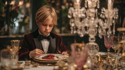 Spoiled Boy Refusing to Eat at Elegant Dinner Table