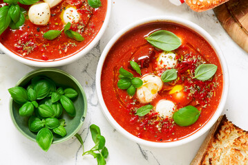 Roasted Tomato Soup with Mozzarella and Basil Caprese Style.selective focus