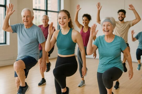 Happy multi ethnic group of seniors and young adults exercising together in an aerobics class, waving and smiling