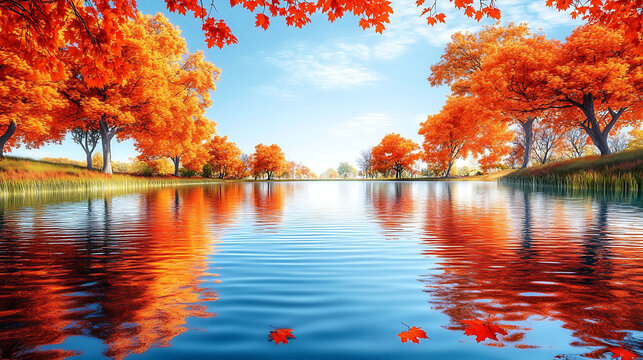 A peaceful lake surrounded by orange and red maple trees, their reflections shimmering on the water under a crisp, clear autumn sky