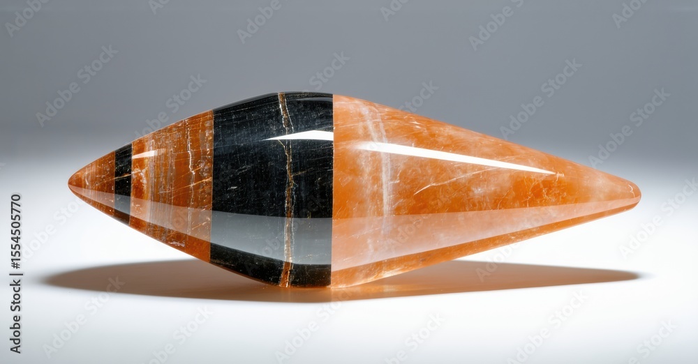 Poster Polished stone object. Orange, black layers create elongated spindle shape. Smooth surface reflects light, casting subtle shadow.