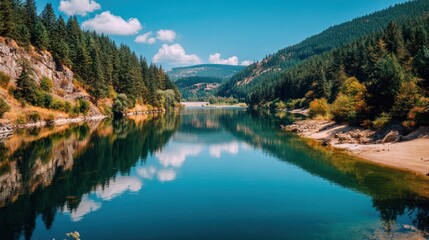 Calm blue lake surrounded by green trees and mountains on a sunny day.
