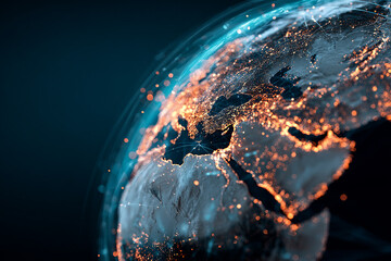 Glowing Earth with interconnected light network globe night