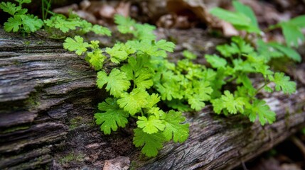 Green plants grow on a textured log in a forest setting.