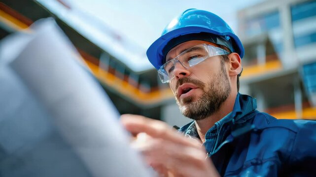 Bearded architect in denim jacket holds blueprints while gazing at a construction site lit by golden light