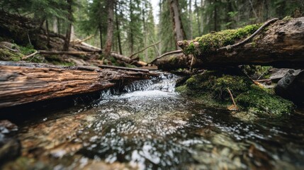 Forest stream flows over rocks and logs surrounded by trees in nature.
