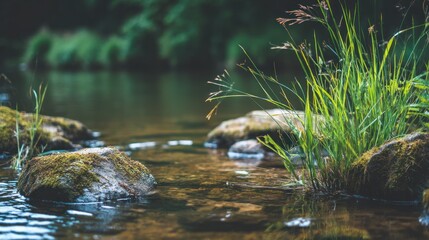 Small stream flows over rocks with green grass in a natural setting.