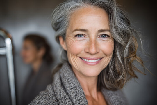 Radiant Silver Hair: Close-up portrait of a mature woman with naturally beautiful, wavy silver hair and a radiant smile.  She exudes confidence and serenity.