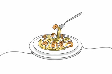 Single one line drawing fork pick up shrimp scampi. Want to taste the warm food that has just been...
