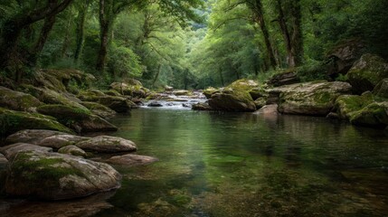 River flows through a lush green forest with rocks and dense vegetation.