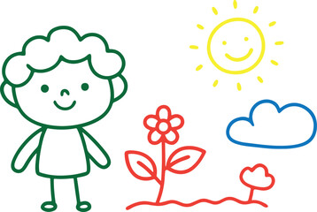 Child Drawing with Flower, Happy Doodle Art, Cute Kid Sketch, Fun Line Art, Cartoon Style, Transparent Background