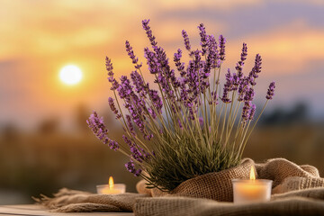 Candle is lit on a wooden tray with lavender flowers and crystals