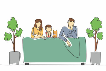Single one line drawing mother and father, a son and a cat sitting on the sofa, their backs to the sofa. Uniqueness of the family. National Pet Parents Day. Continuous line design graphic illustration