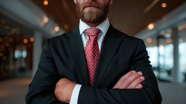 A well-dressed businessman stands confidently with arms crossed, embodying professionalism and determination in a modern corporate environment, ready to tackle challenges ahead.