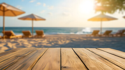 Illustration of wooden table with blurred beach background for product display or montage, summer vacation concept.