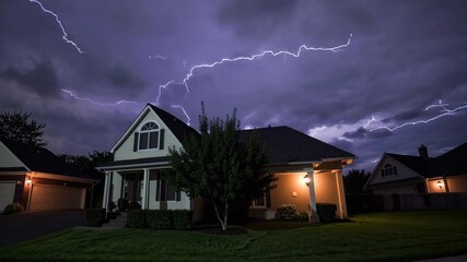 Dramatic lightning strike captured over suburban home during intense nighttime storm, symbolizing nature’s power, extreme weather events, climate change, natural hazards, and emergency preparedness